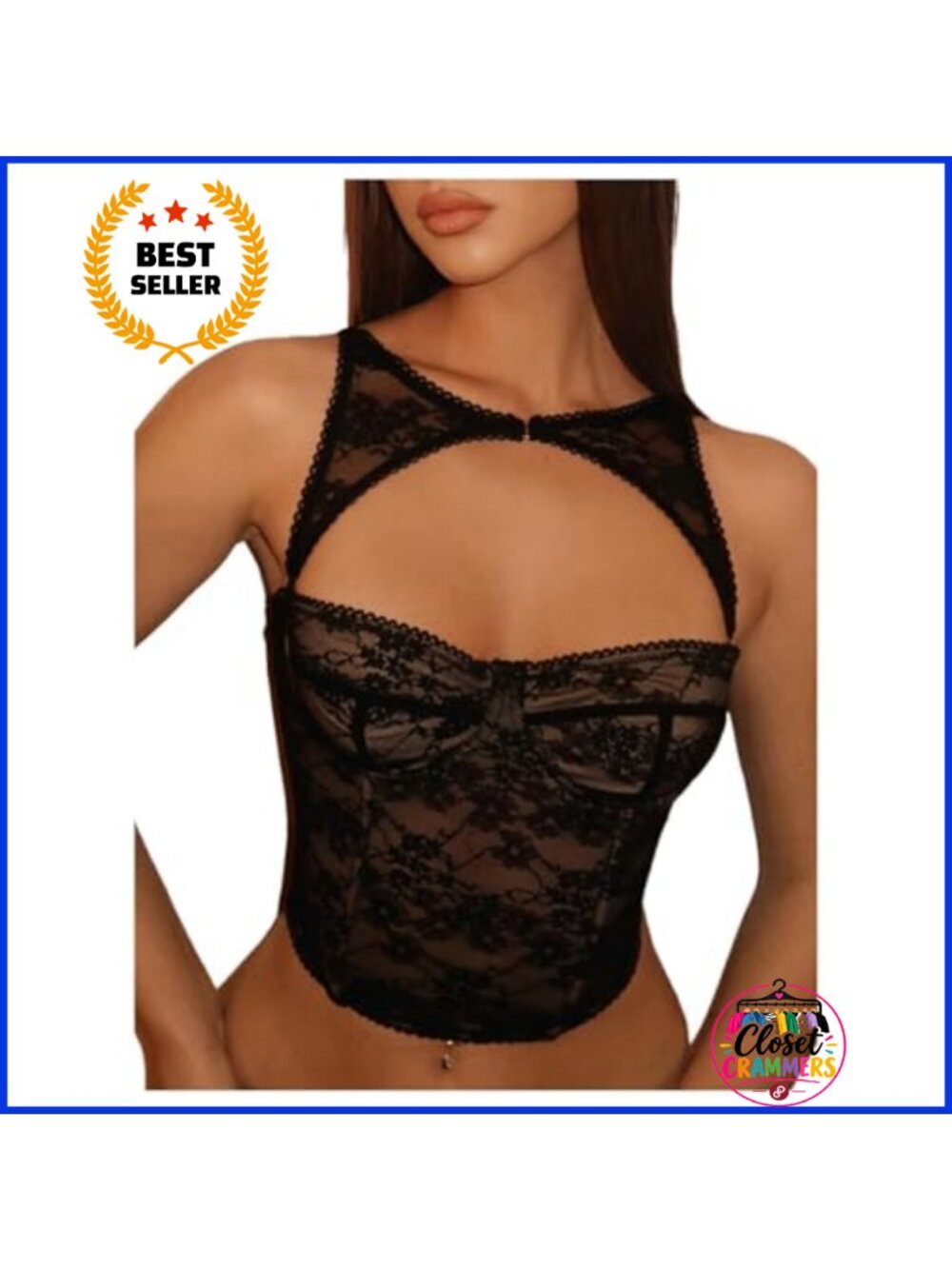 Lace Cut Out Bustier Corset Crop Tank Top Slim Fit Hook Eye Back